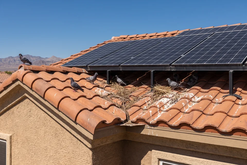 Illustrative photograph of pigeons and nesting material under rooftop solar panels