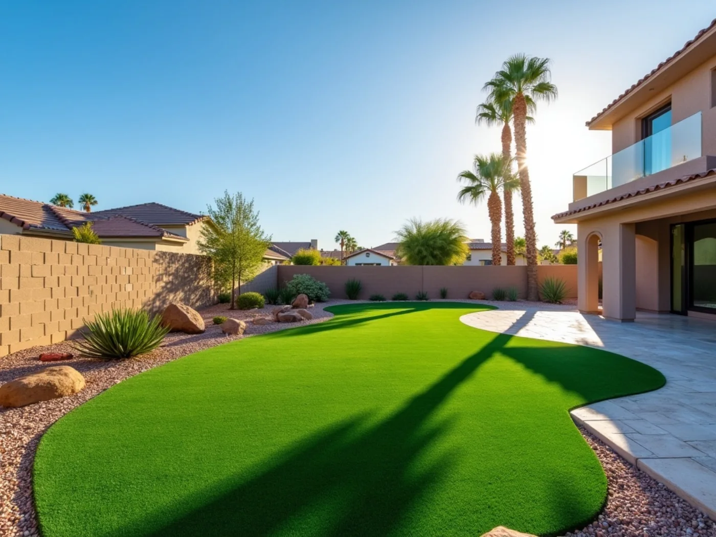 Artificial turf backyard with desert landscaping