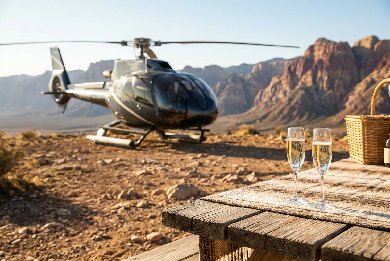 A helicopter parked on a desert bluff at Red Rock Canyon