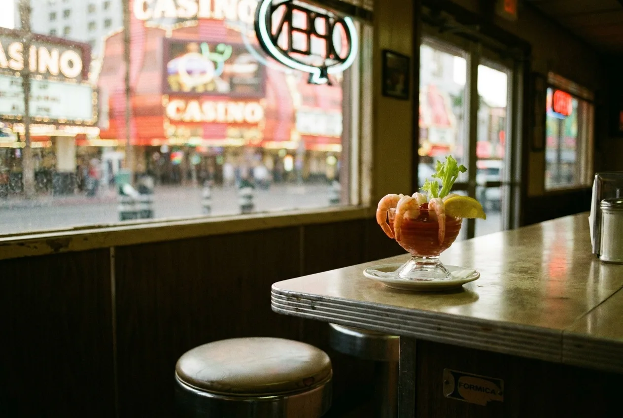 A retro shrimp cocktail in a glass at a vintage downtown Las Vegas diner counter