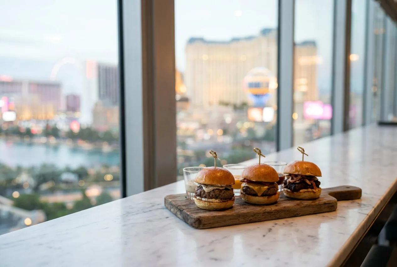 A tasting flight of gourmet sliders on a marble bar