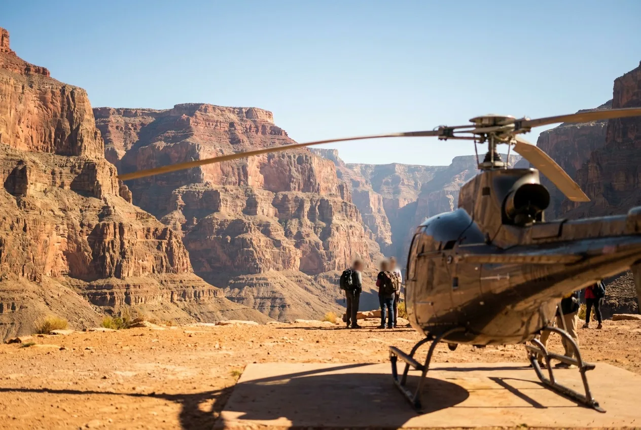 A helicopter on a rim landing pad at Grand Canyon West