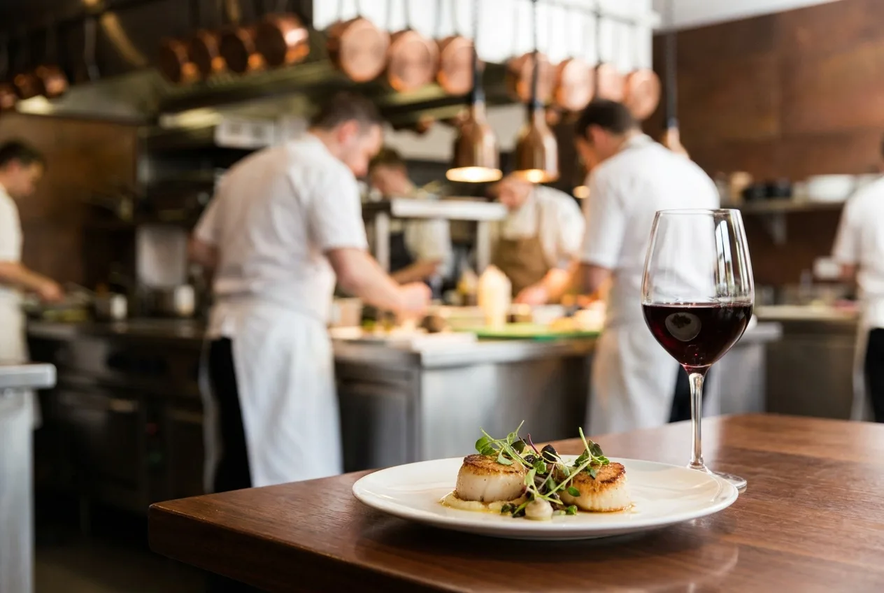 An elegant plated tasting course with wine pairing in a high-end open kitchen restaurant