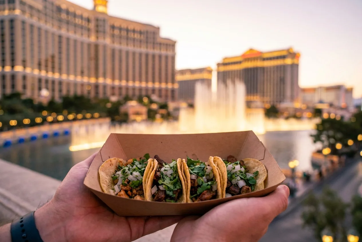 Street tacos on a paper tray held before the Strip's resort towers and fountains blurred in evening light
