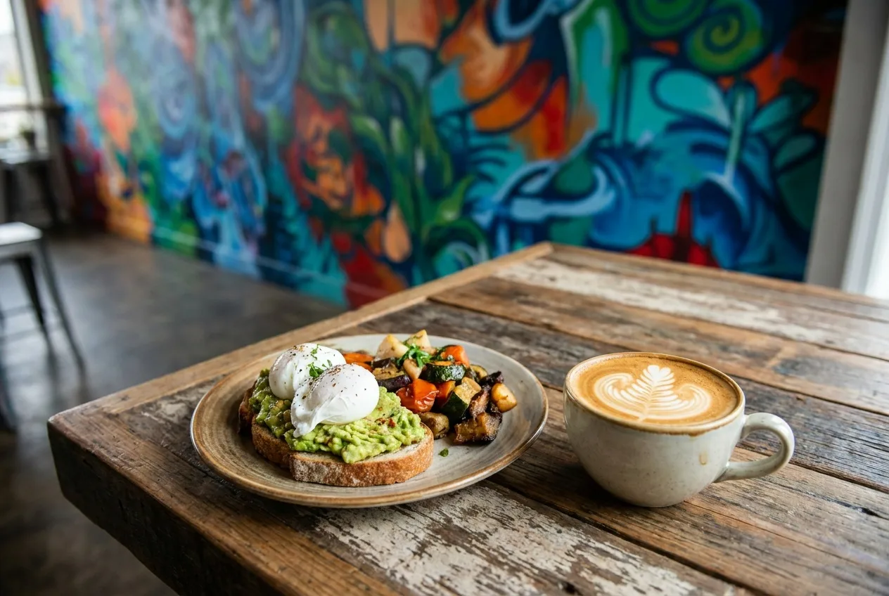 A craft brunch plate and latte art on a reclaimed-wood table beside a colorful mural wall in an arts district cafe