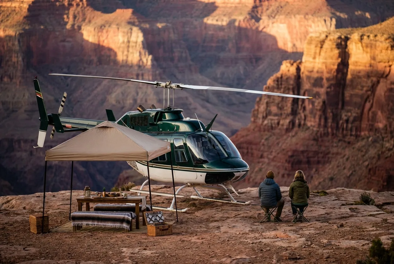 A helicopter landed on a private plateau deep inside the Grand Canyon