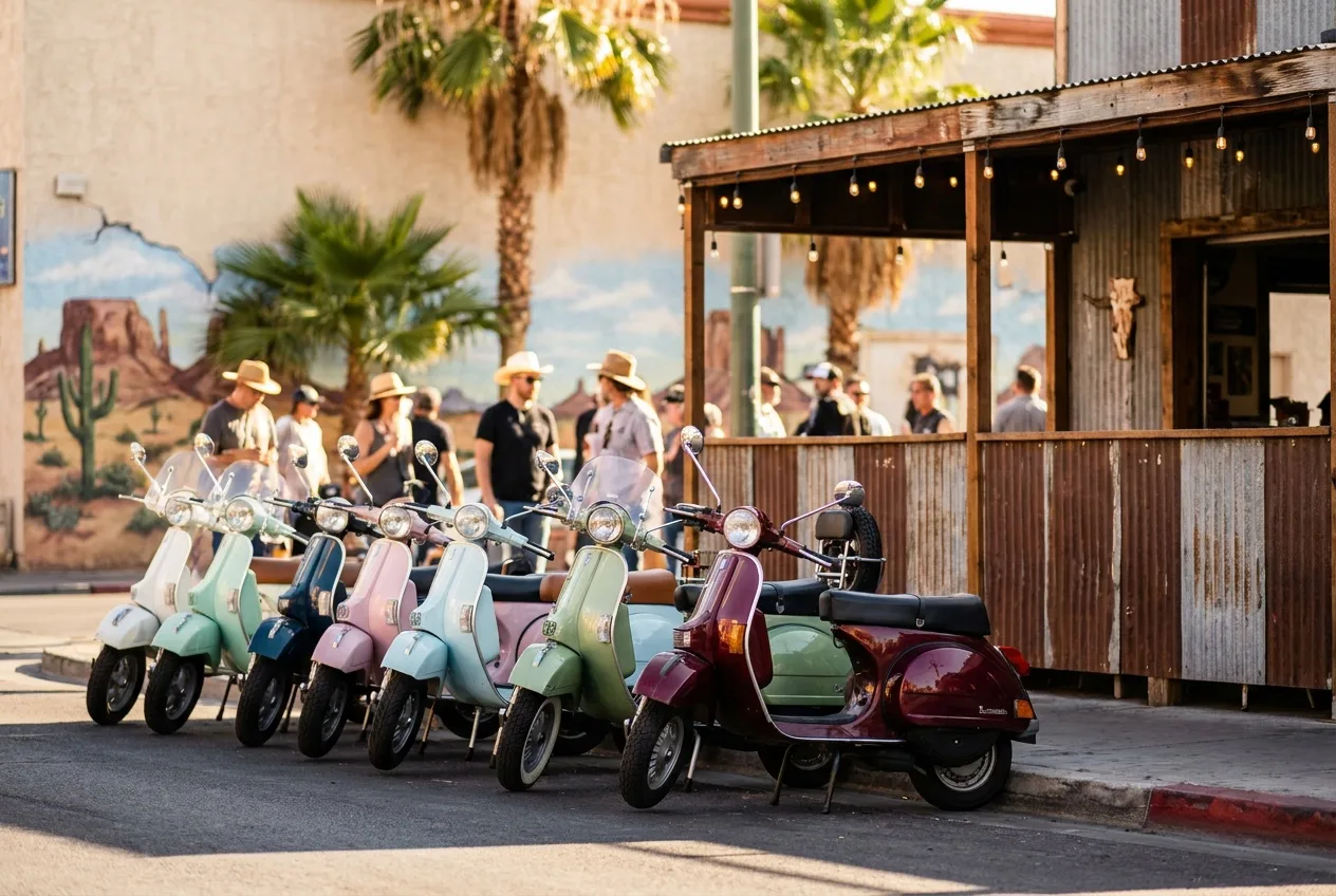 A row of parked retro scooters beside a taco stand on a Las Vegas street corner in warm afternoon light