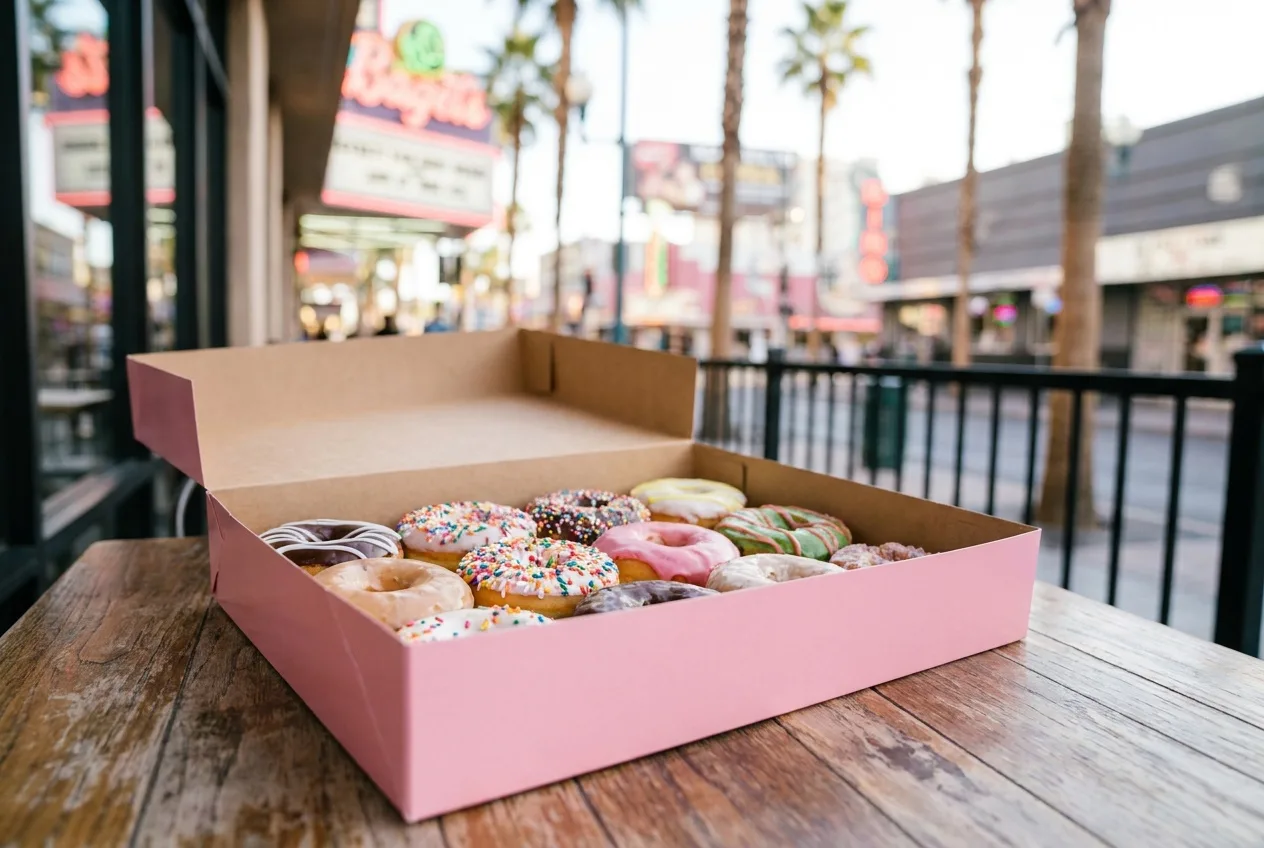 Assorted glazed and sprinkled donuts in an open pink box on a downtown Las Vegas cafe table