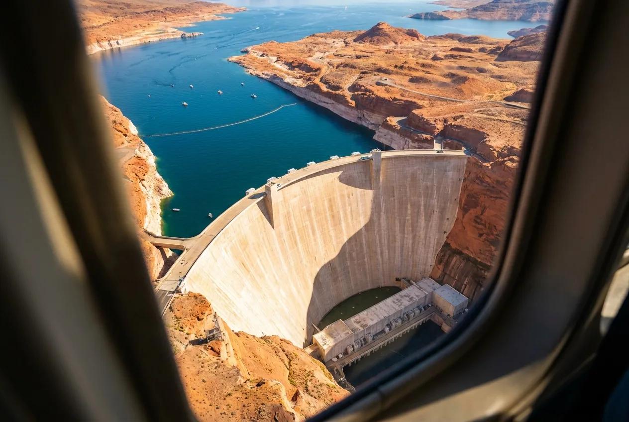 Aerial view of Hoover Dam's curved concrete wall and blue Lake Mead from a helicopter in bright daylight