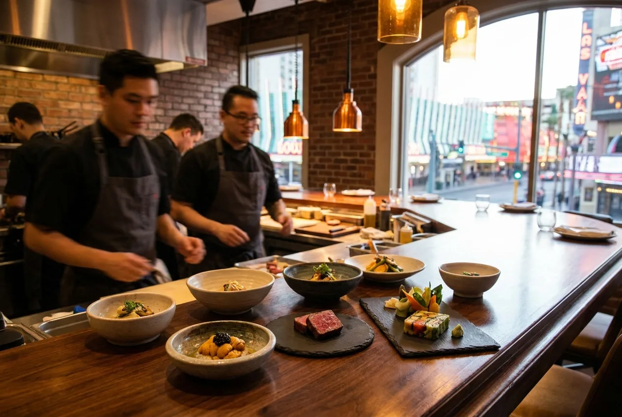 A refined multi-course tasting spread on a chef's counter in an upscale downtown Las Vegas restaurant