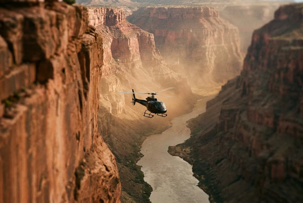 A helicopter flying below the rim inside the Grand Canyon