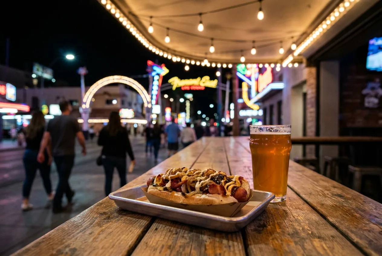 A loaded gourmet hot dog and craft beer on a bar table under the canopy lights of Fremont East at night