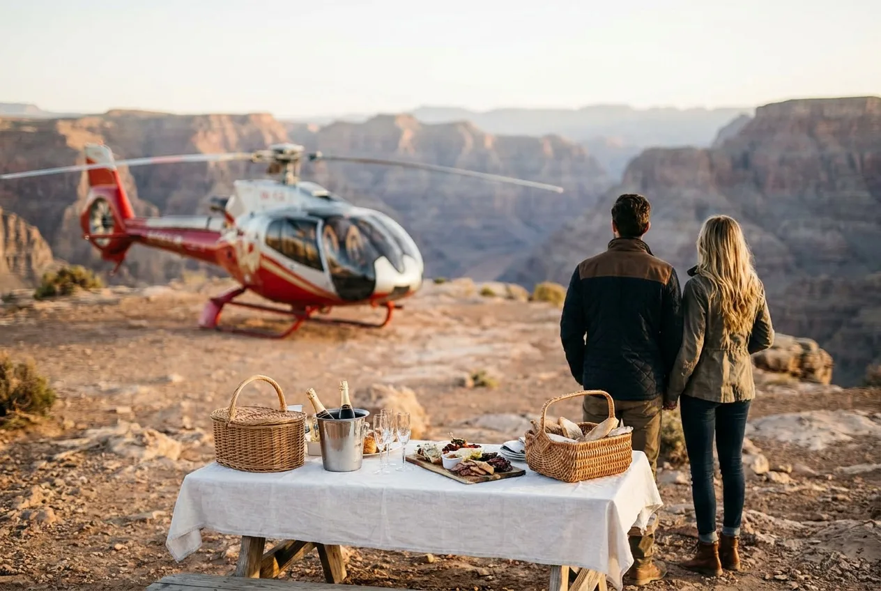A champagne picnic on a white-cloth table beside a landed helicopter on a Grand Canyon overlook