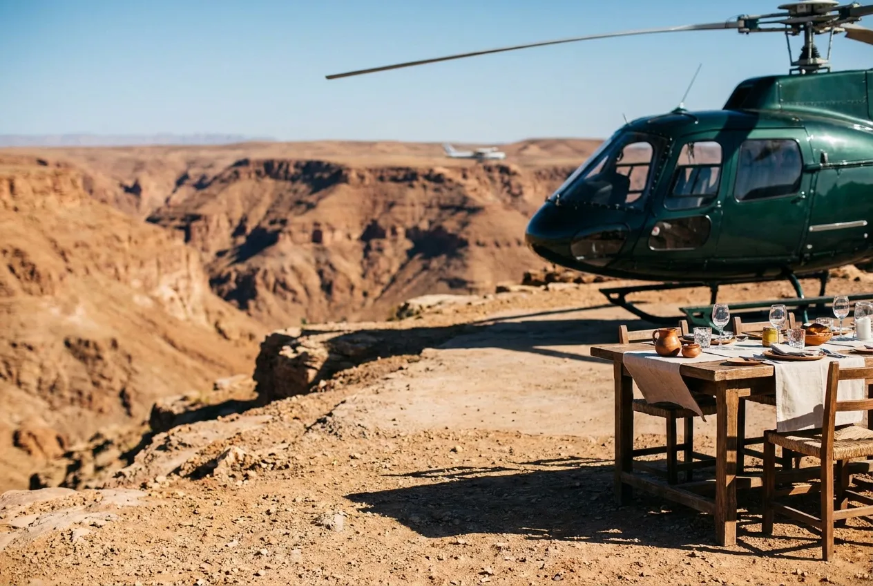 A helicopter at a rim-edge landing site with a set dining table overlooking the canyon