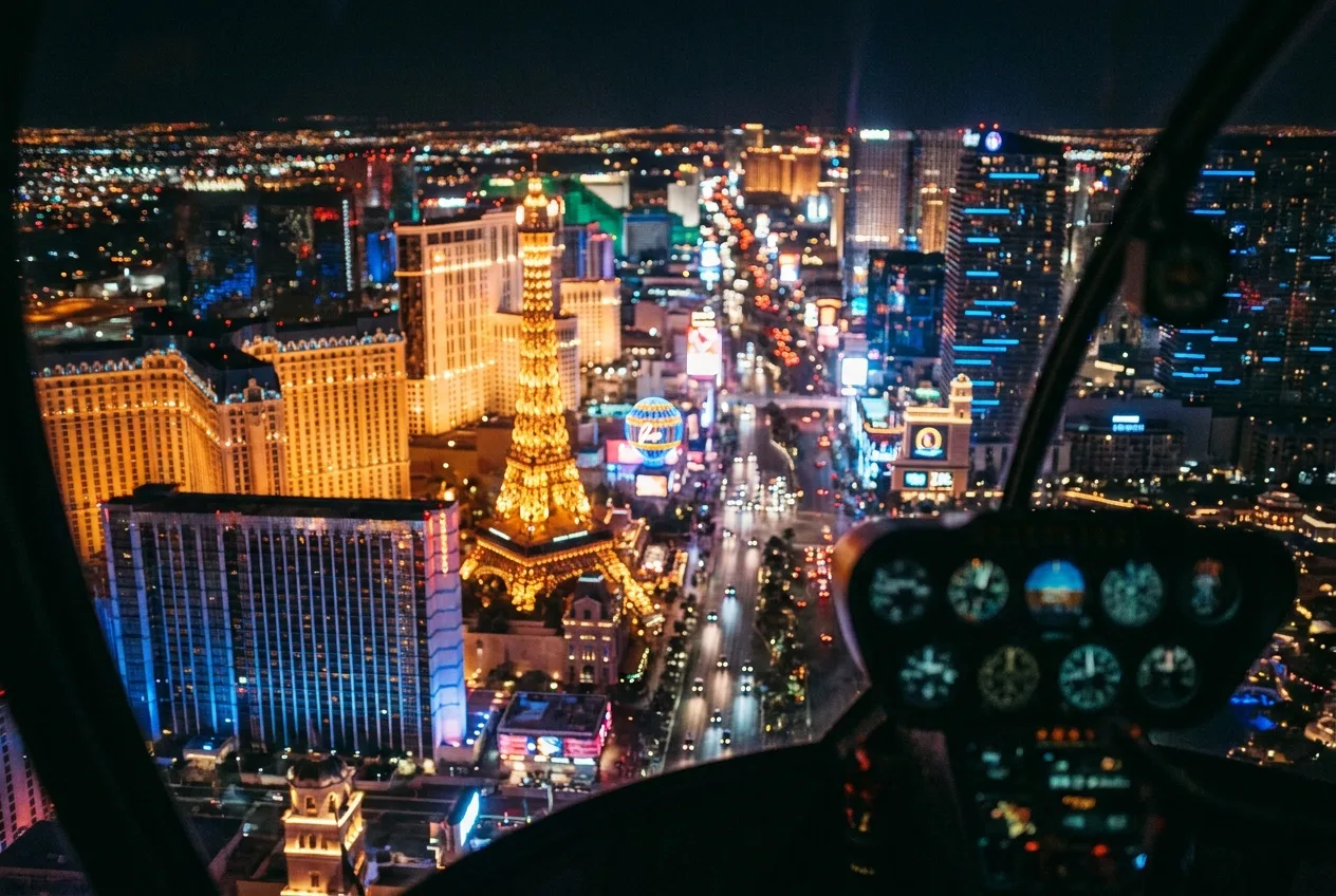 The Las Vegas Strip at night from a helicopter