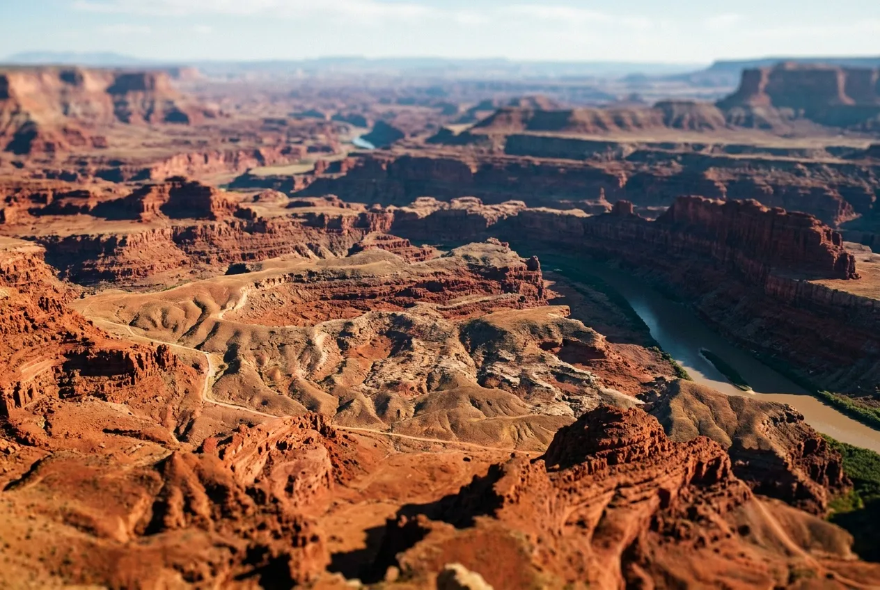 A wide aerial of the Grand Canyon's layered red rock at midday from altitude
