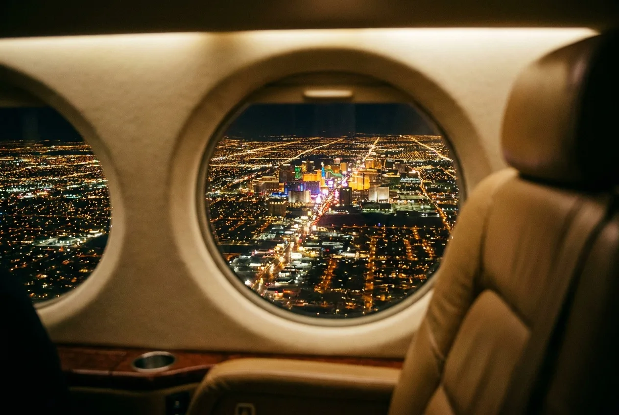 A helicopter cabin window view of the Las Vegas valley's glowing street grid at night