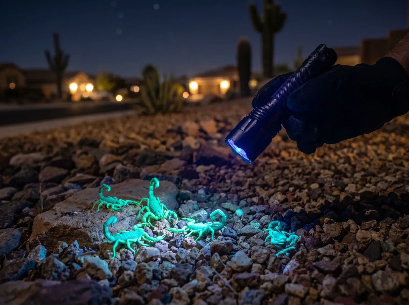 A gloved hand shining an ultraviolet flashlight over desert rock landscaping at night, where several scorpions glow bright blue-green