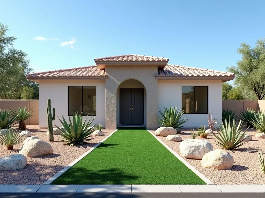 A desert front yard with boulders, agave and other succulents in rock beds, divided by a narrow strip of artificial turf leading to the front door
