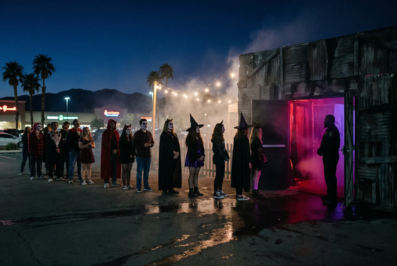Costumed visitors waiting in line at night outside a haunted house entrance in a desert suburb, fog rolling from the doorway under red and purple light