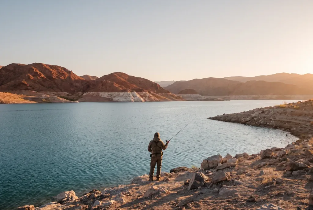 An angler casting from the rocky shore of Lake Mead at sunrise, desert mountains and the pale bathtub ring across the water