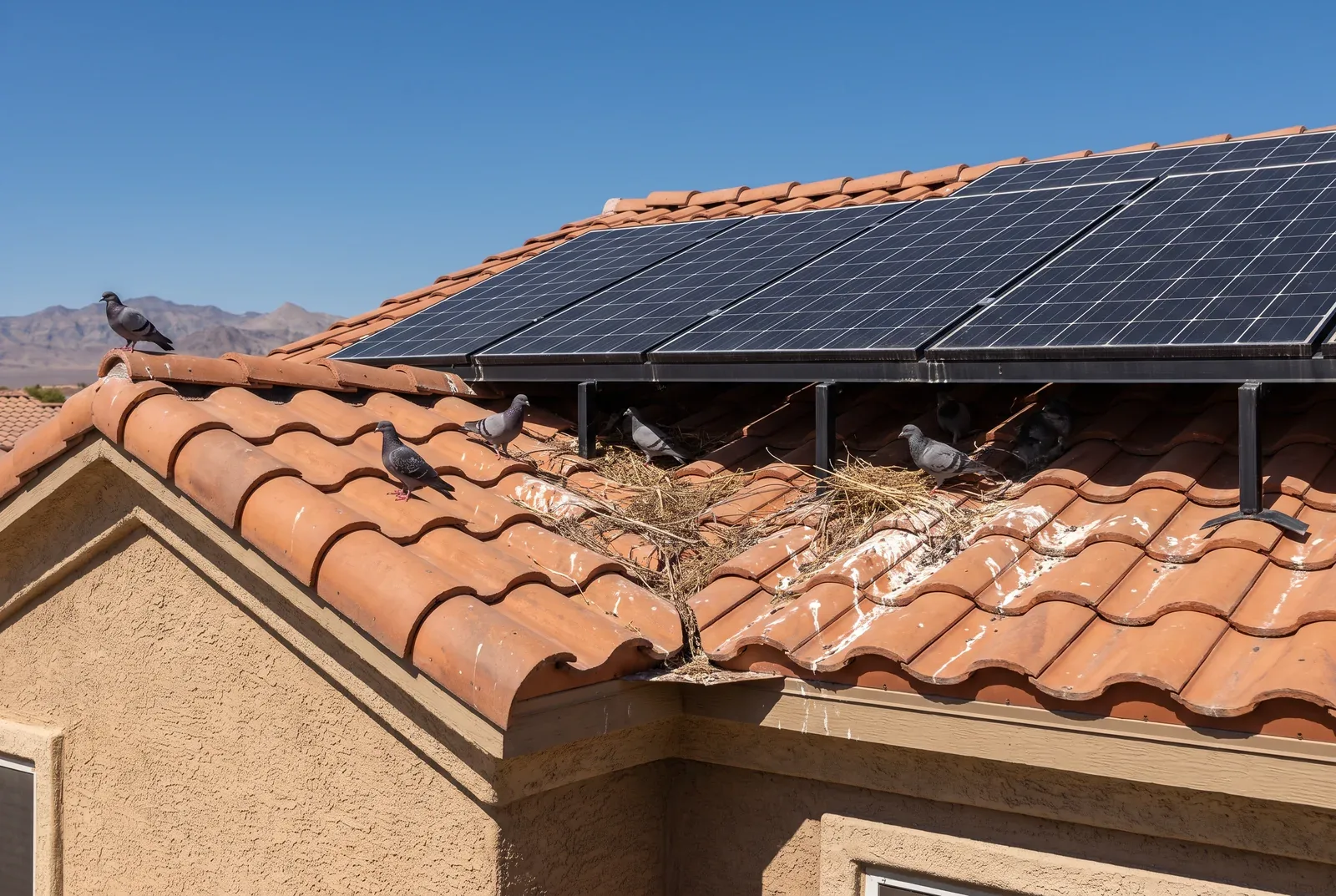 Pigeons under Las Vegas solar panels: the health rules, the feeding law, and what keeps them off