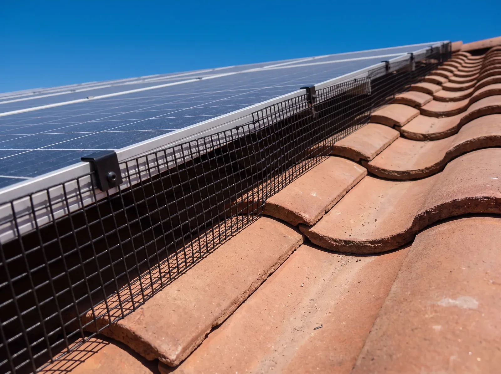 Black wire mesh clipped along the edge of a row of solar panels, closing the gap between the panels and the clay tile roof