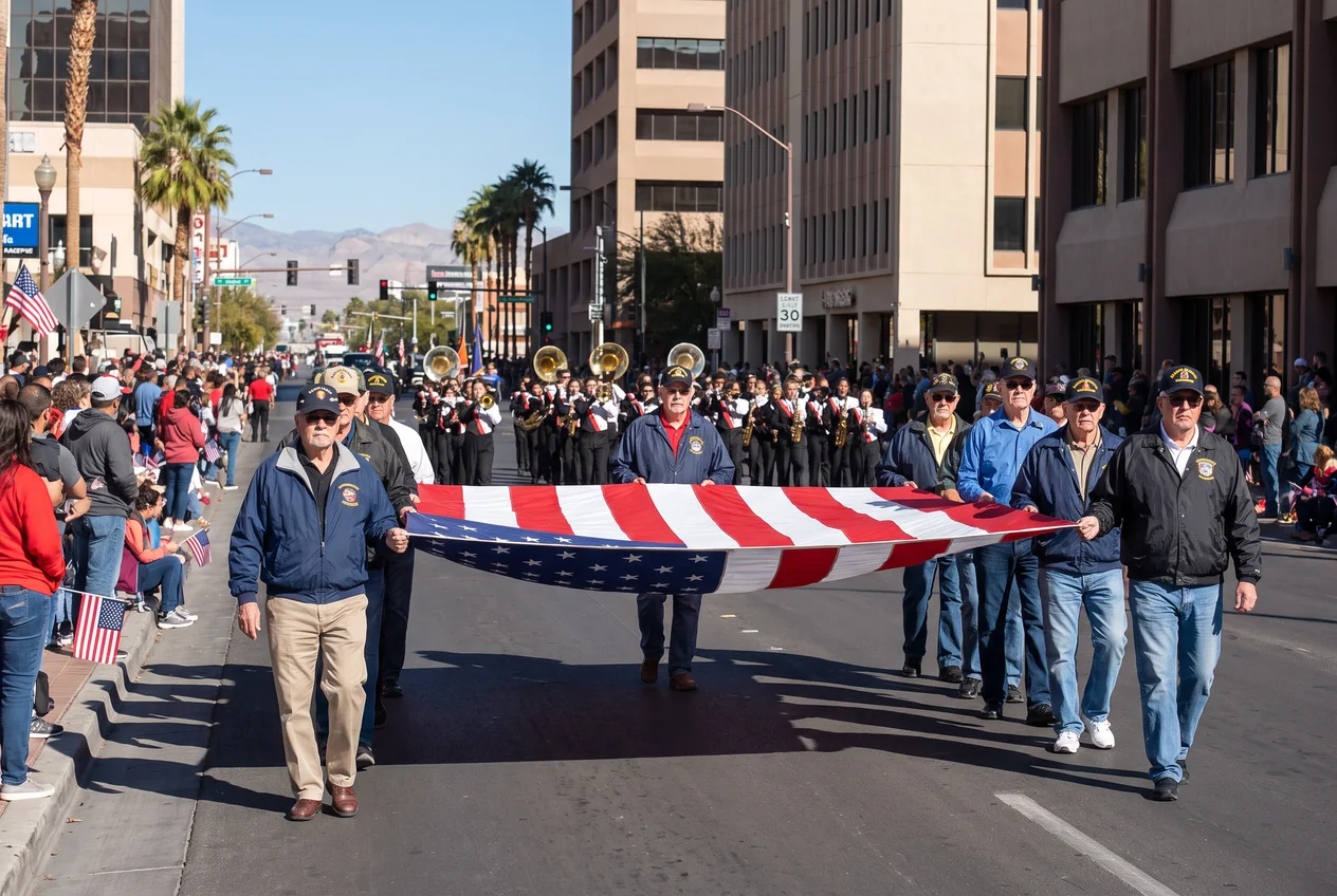 Veterans in unit ball caps marching up Fourth Street in downtown Las Vegas on a clear November morning, spectators with small American flags on the kerb and mid-rise downtown buildings behind